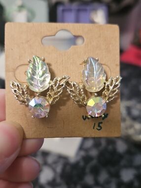 Gold Leaf Aurora Crystal Stud Earrings - Iridescent Accent